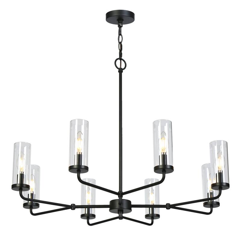 Modern Farmhouse 8-Light Black Wheel Chandelier with Glass Shade for Dining Living Room - D 31.5" x H 24"