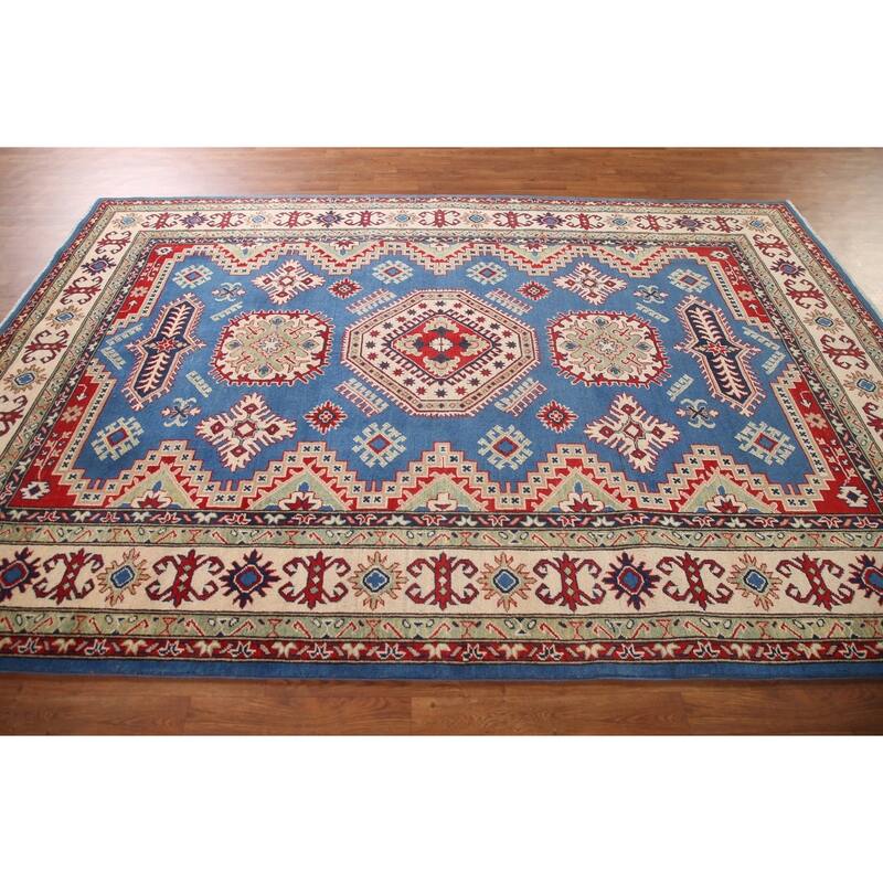 Blue Geometric Kazak Area Rug Handmade Oriental Wool Carpet - 6'8" x 9'9"