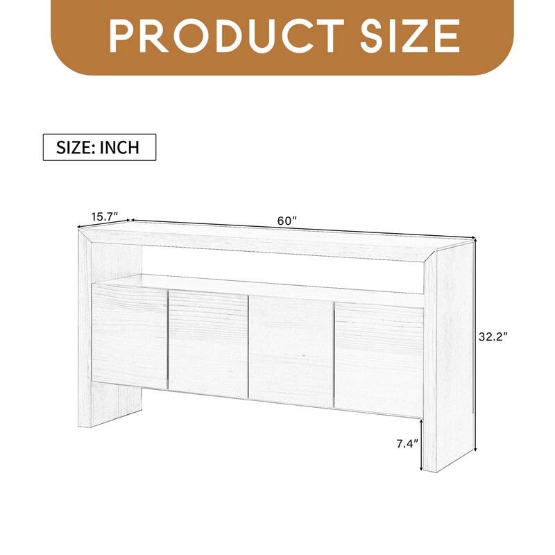 60" 4-Door Sideboard, Modern Minimalist Solid Wood Veneer Sideboard with Open Shelf, Natural Wood Grain