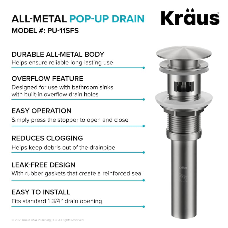 KRAUS Pop-Up Drain w Overflow, Bathroom Sink, Chrome, Nickel