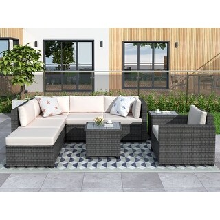 8-piece Rattan Segmented Seat Set with Soft Cushions, Outdoor Garden ...