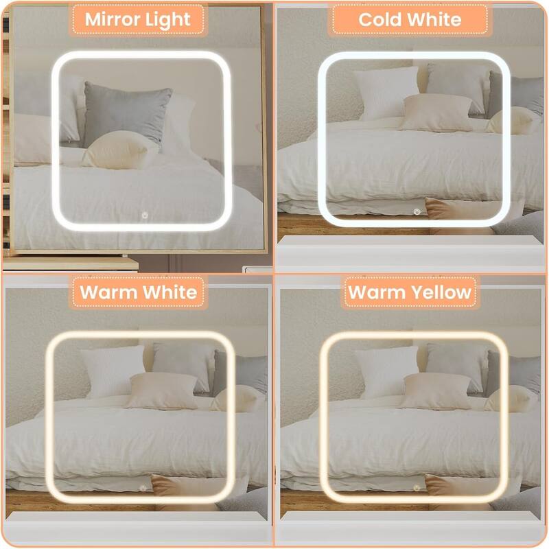 4 Drawers Dressing Table, Makeup Vanity Desk with 3 Color Adjustable Lights Mirror for Bedroom