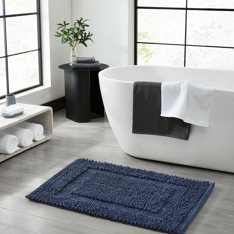 Sophie Border Ultra-plush Chenille Non-Slip Cotton Bath Mat - 20 x 32 - Midnight Navy