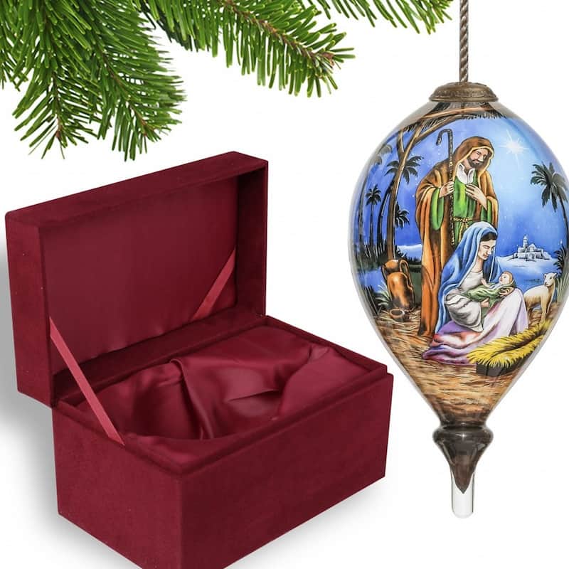 Holy Family Christmas Hand Painted Mouth Blown Glass Ornament - 6" x 3.35" x 3.35"
