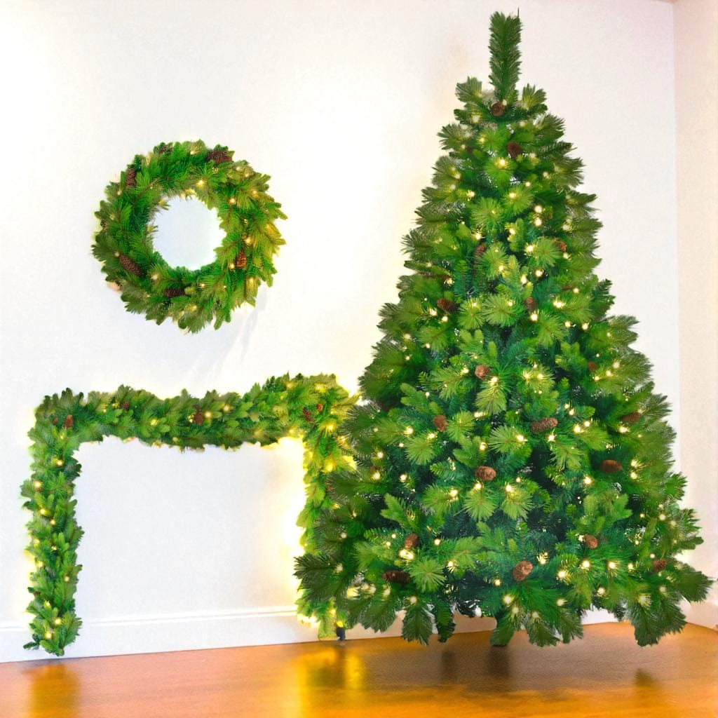 6ft Pre-Lit Green Christmas Tree Set with Garland and Wreath, 430 LED Lights and Pine Cones Holiday Décor