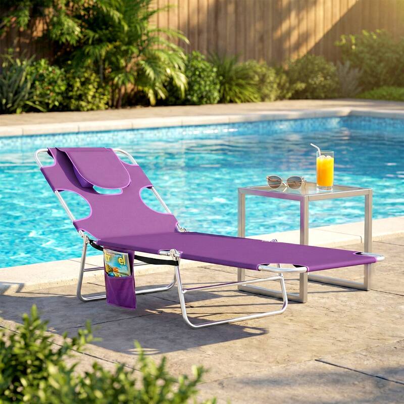 Outsunny Folding Beach Lounge Chair with Face Hole and Arm Slots, 5-level Adjustable Sun Lounger Tanning Chair with Pillow - Purple