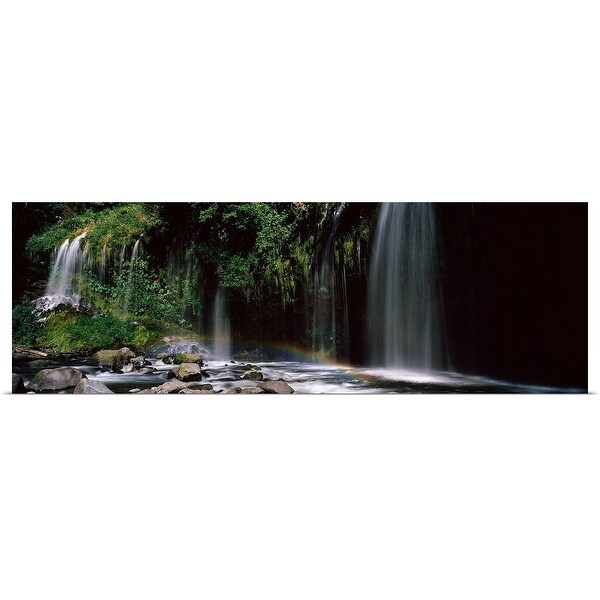"Rainbow formed in front of waterfall in a forest, California," Poster Print