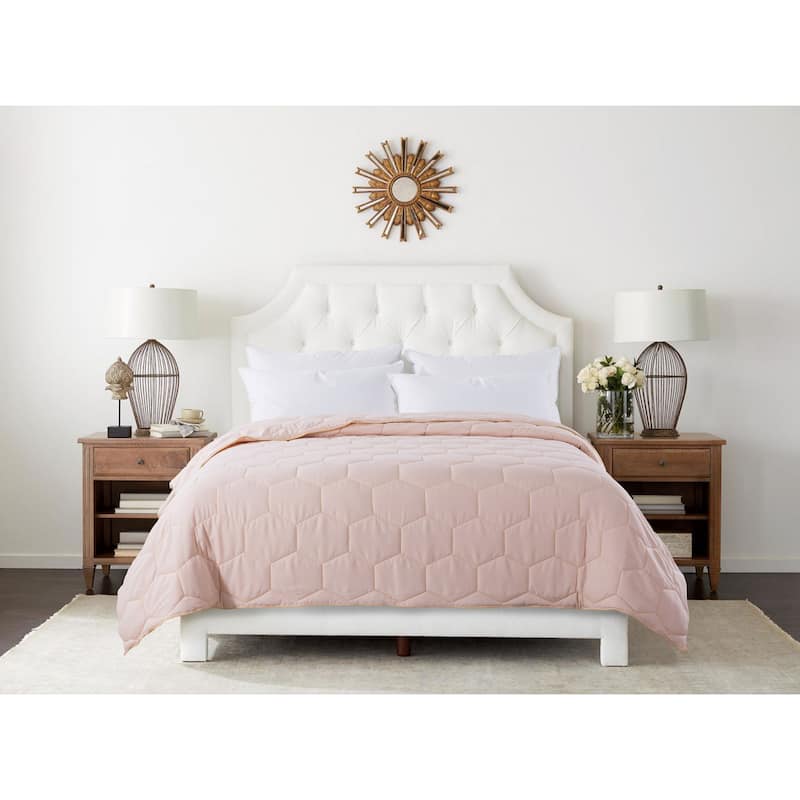 Honeycomb Color Contrast Stitched Lightweight Down Alternative Blanket - Twin - Pearl Blush/Spicy Mustard