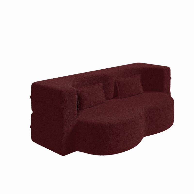 Full Size Folding Teddy Fabric Foam-Filled Floor Sofa Bed with 2 Pillows, Burgundy, No Assembly Required