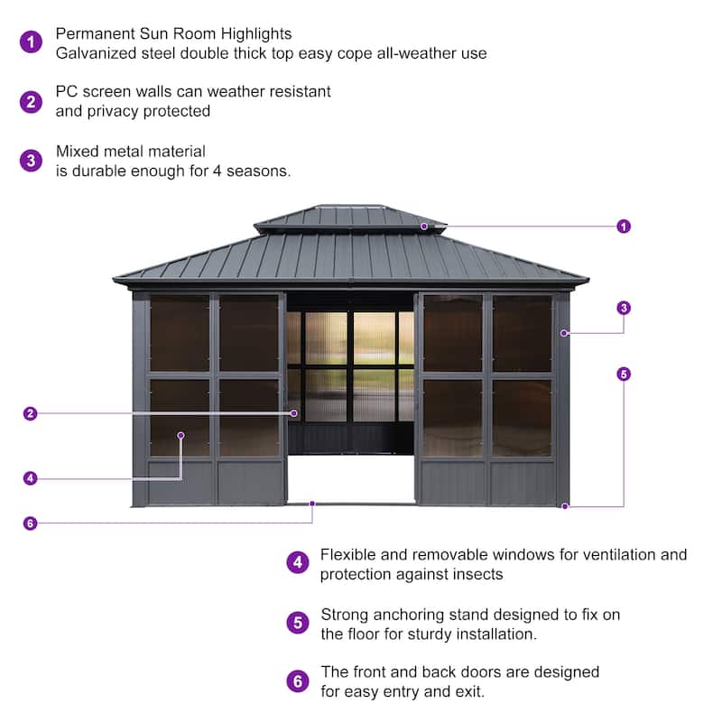 PURPLE LEAF Double Top Outdoor Sunroom Screen House Patio Hardtop Gazebo