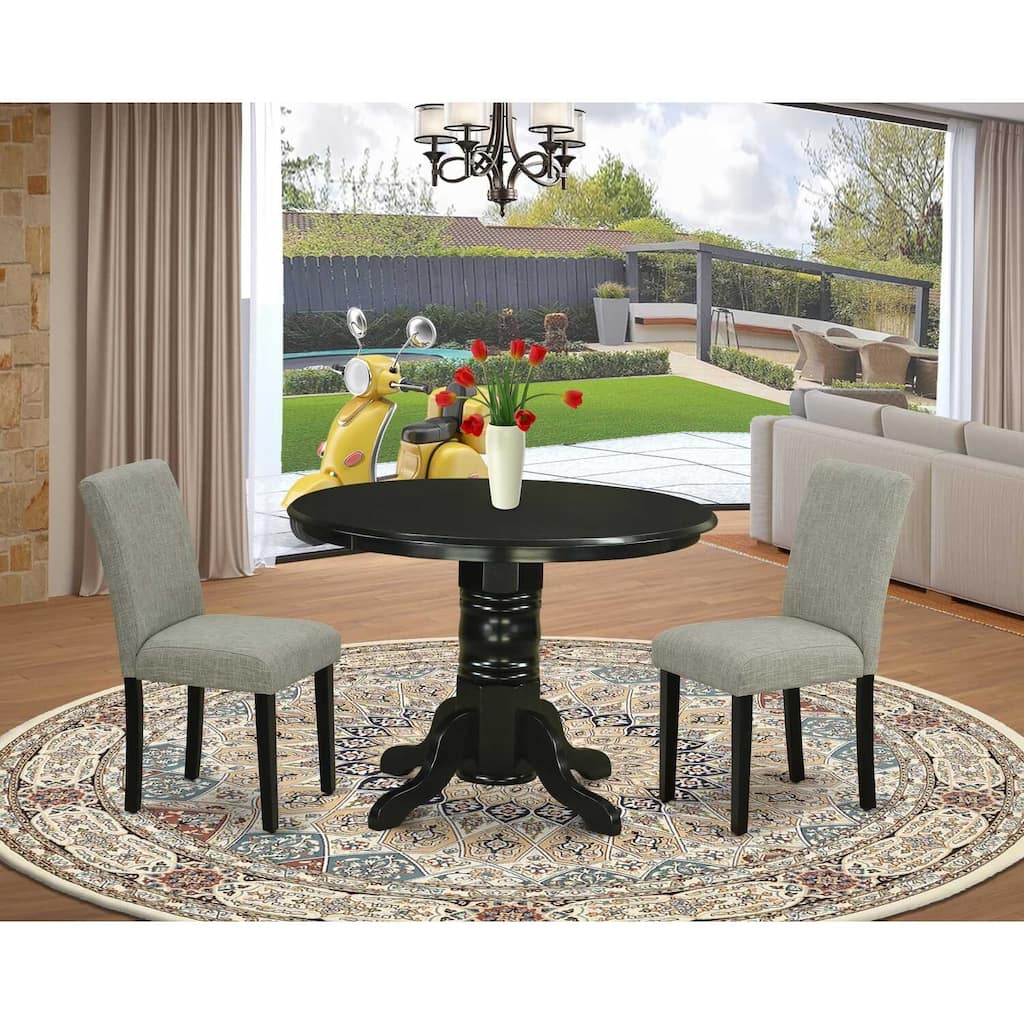 Round Dining Table Set 3pc - 42" Table & 2 Parsons Chairs - Linen Fabric & Black Legs - Modern Dining Room Set