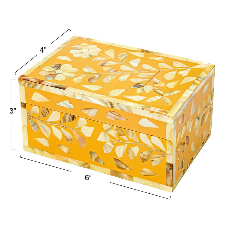 Mother of Pearl and Reclaimed Wood Box with Floral Design - 6.0"L x 4.0"W x 3.0"H