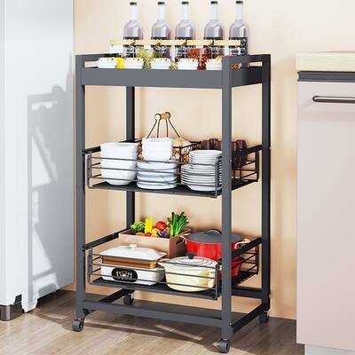 3 Tier Black Fruit Baskets Rolling Utility Cart with Lockable Wheels - 18.7" x 13"x 32.7"
