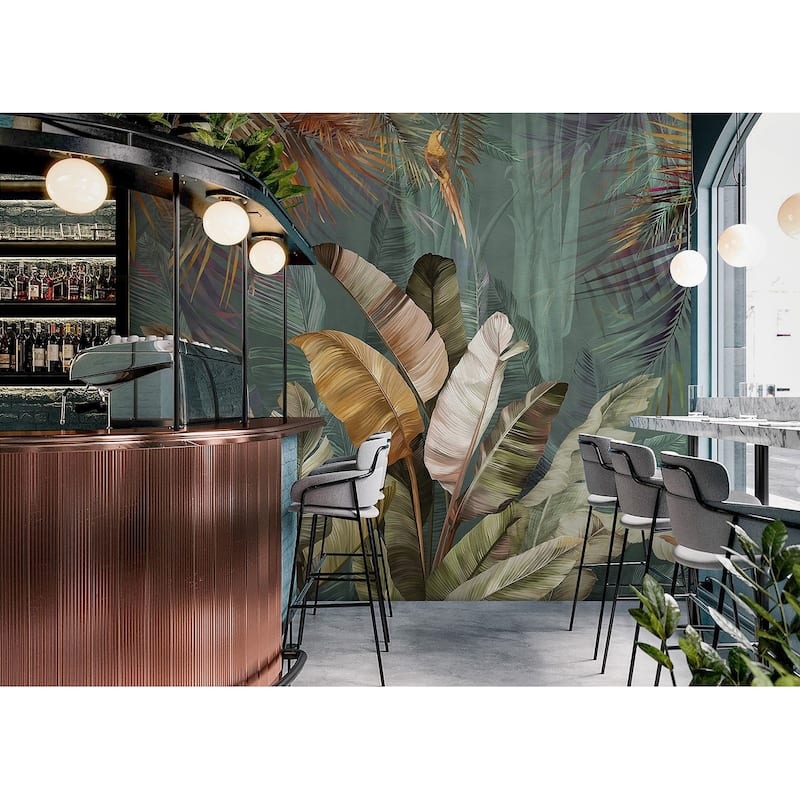 Lush Tropical Forest Mural with Vibrant Palms and Parrot