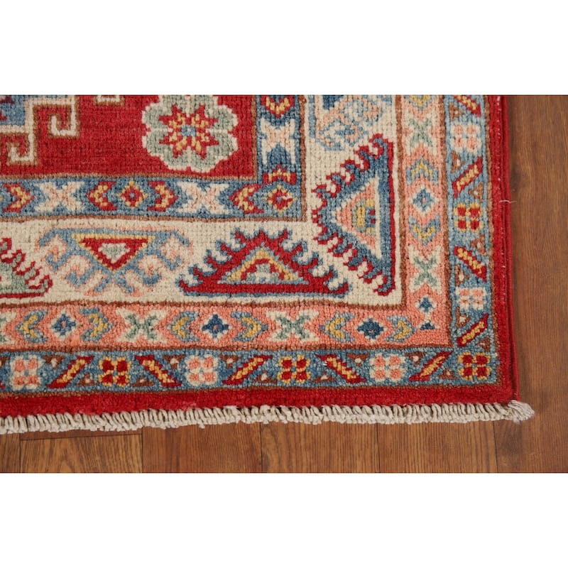 Geometric Red Kazak Oriental Runner Rug Hand-Knotted Wool Carpet - 2'7" x 9'4"