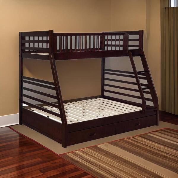 slide 2 of 2, Twin Over Full Bunk Beds with 2 Storage Drawers and Guardrails, Brown