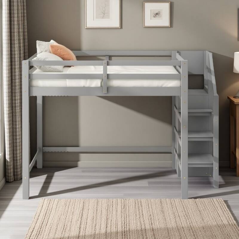 Full Size Loft Bed with Built-in Wardrobe Closet, Storage Staircase, Solid Pine Frame, Space-Saving Design - Gray