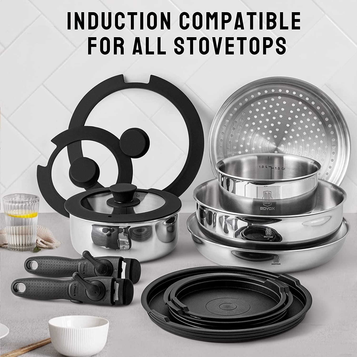 16 Piece Stainless Steel Cookware Set, Kitchen Removable Handle Stackable  Pots and Pans Set - Bed Bath & Beyond - 37508868