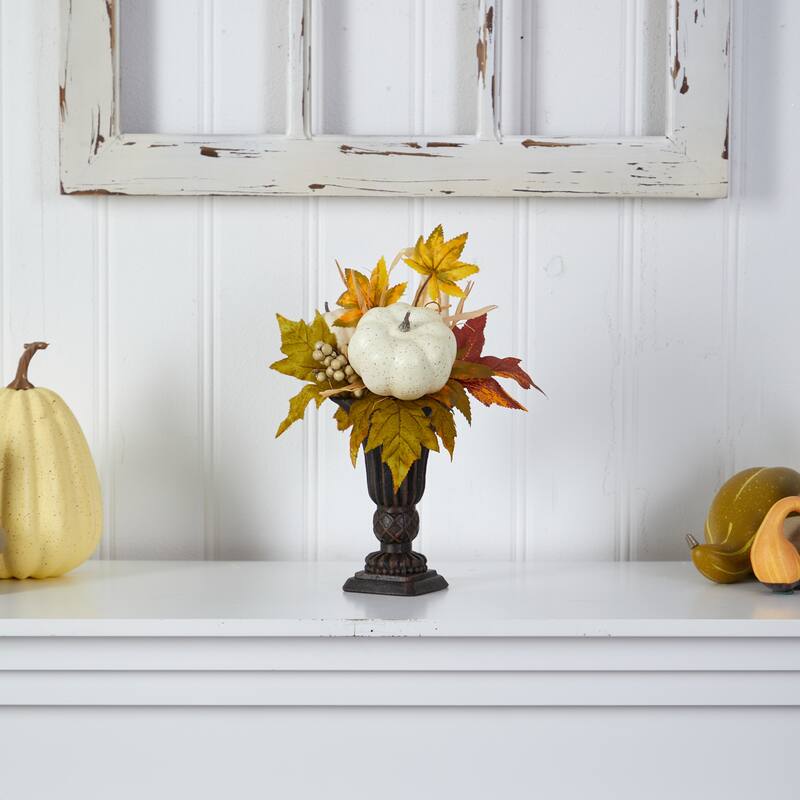 13” Pumpkin and Berries Artificial Fall Harvest Arrangement in Decorative Urn