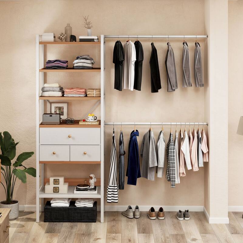Moasis 70.8"-105"L Closet Storage Organizer with Shelves and 3 Expandable Hanger Rods