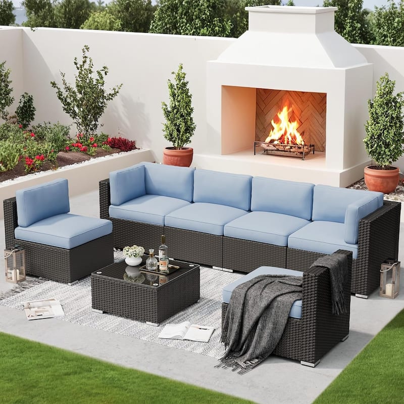7-piece Outdoor Patio Black Wicker Rattan Cushioned Sectional Sofa Conversation Set by Havenside Home