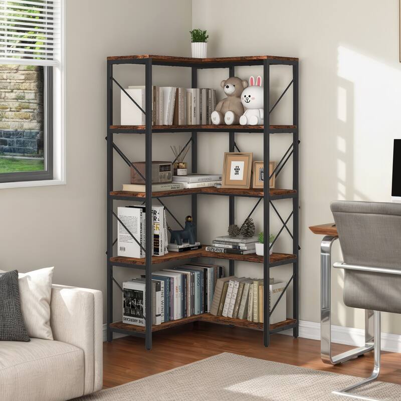 Moasis Industrial 5 Tier Corner Bookshelf Large 65 Inches Bookcase Display Corner Shelf