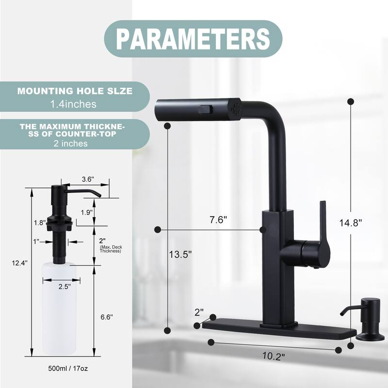 WOWOW 3-Mode Pull Down Sprayer Kitchen Faucet with Soap Dispenser