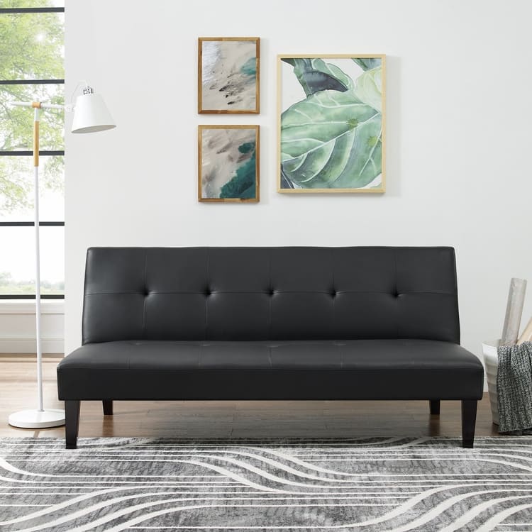 Button Tufted Futon Sofa Bed, Faux Leather Futon Couch, Modern Convertible Folding Sofa Bed Couch with Wooden Legs - Black
