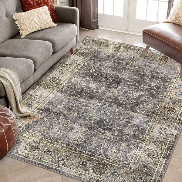 Garvee Traditional Floral Scroll Print Living Room Area Rug - Bed