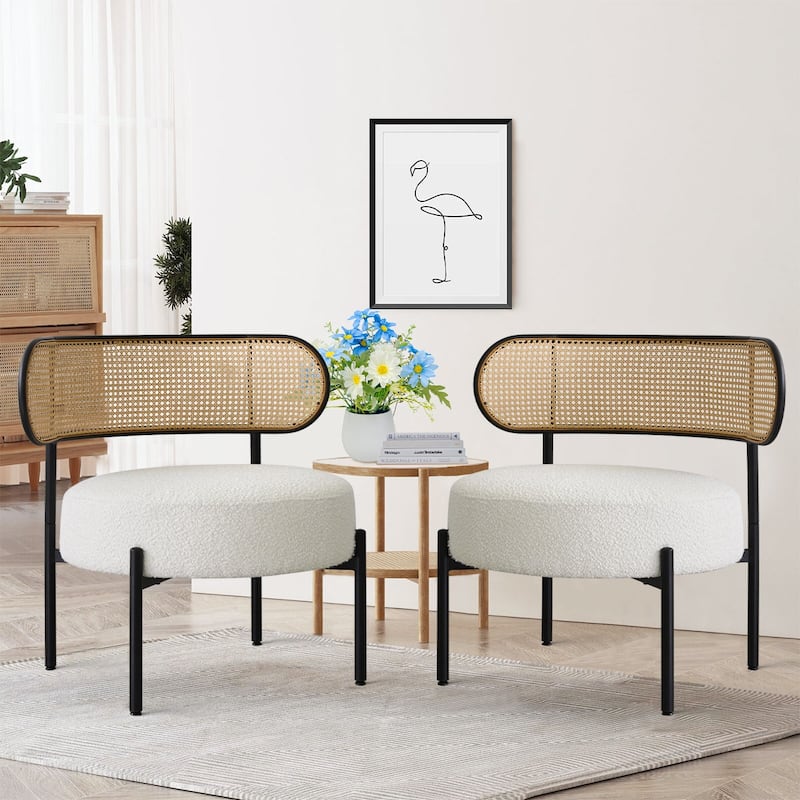 Boucle Upholstered Accent Chair with Rattan Back - Beige