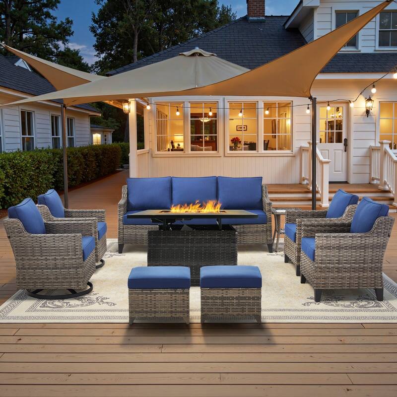 Glissia 9-Piece Gray Wicker Fire Pit Conversation Set with height-adjustable fire pit