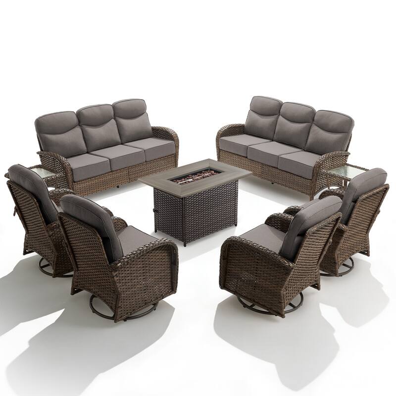 Luna 9-Piece Wicker Outdoor Patio Fire Pit Sofa Set with 6-Inch Thick Cushions