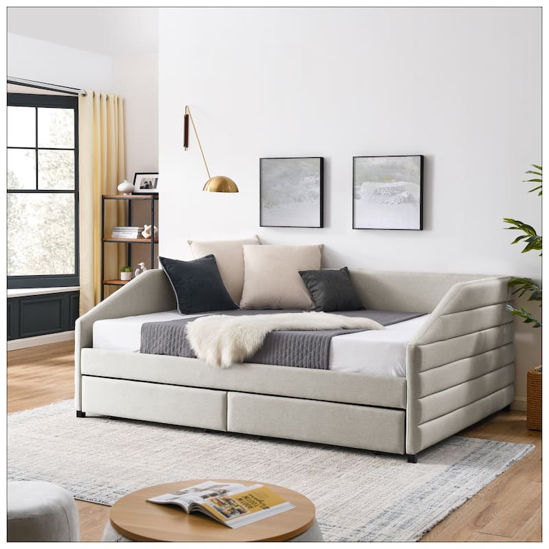 Queen Size Daybed with Two Drawers Trundle