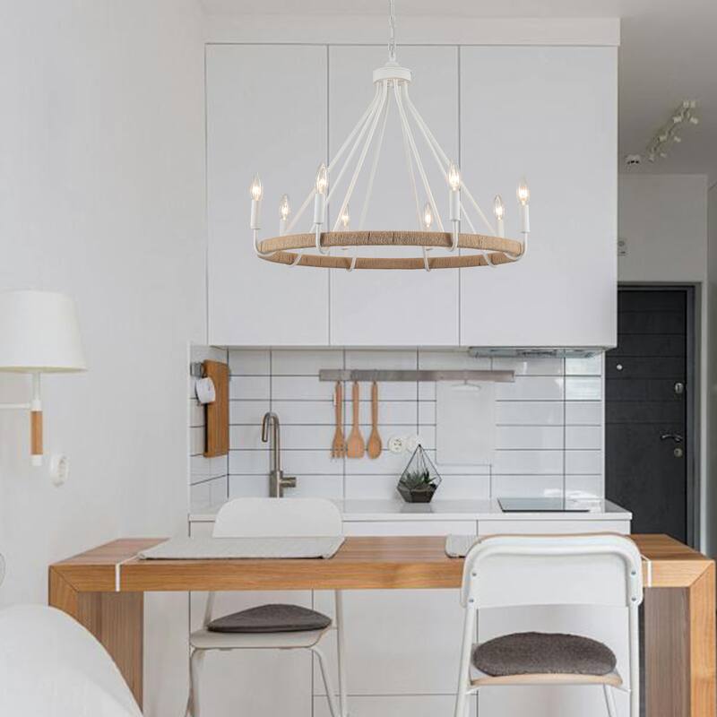 8-Light Hanging Candlestick Wagon Wheel Chandelier Hemp Rope Linear Chandelier Lighting for Kitchen Island