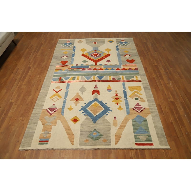 Hand Woven Oriental 100% Wool Carpet Southwestern Tribal Beige & Ivories Kilim Area Rug - 9' 10'' X 6' 5''