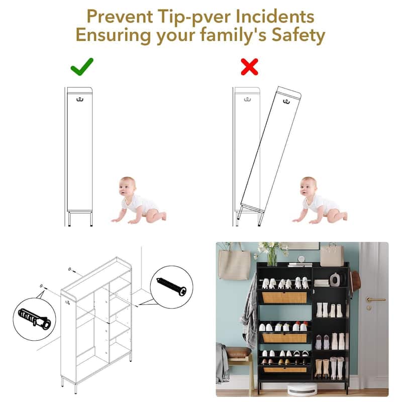 3-Tier Shoe Storage Cabinet with Rattan Doors and Adjustable Compartments