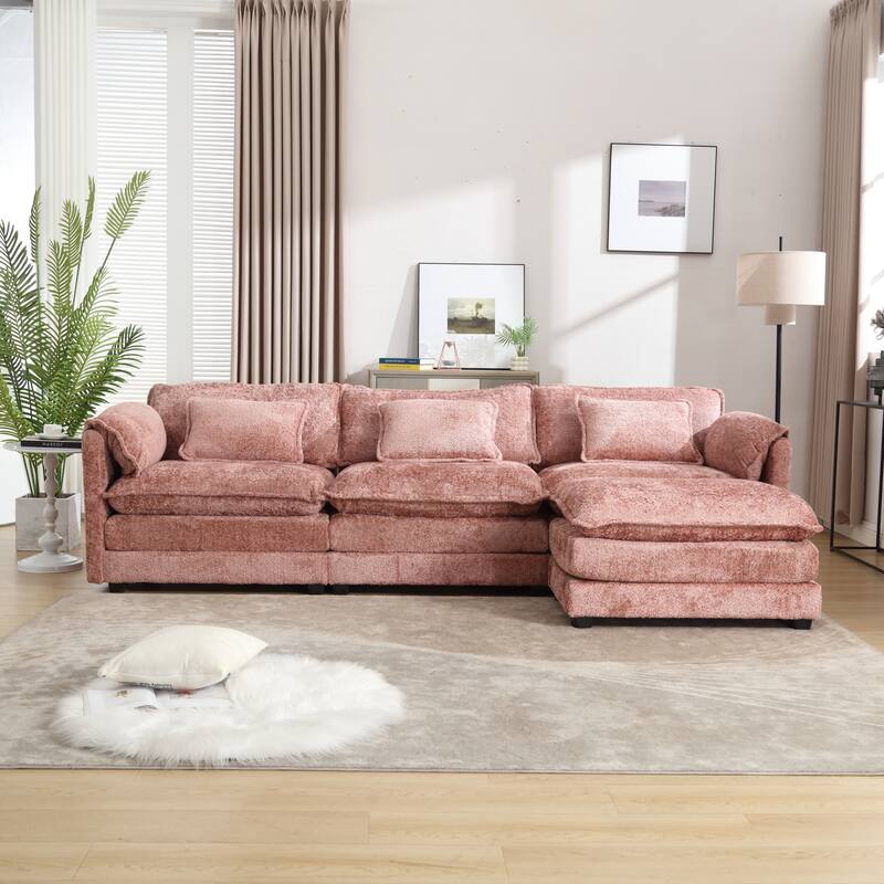 Modular L-Shaped Sectional Sofa, Chenille Fabric 3-Seater Sofa Couch with Chaise and Detachable Armrests for Living Room