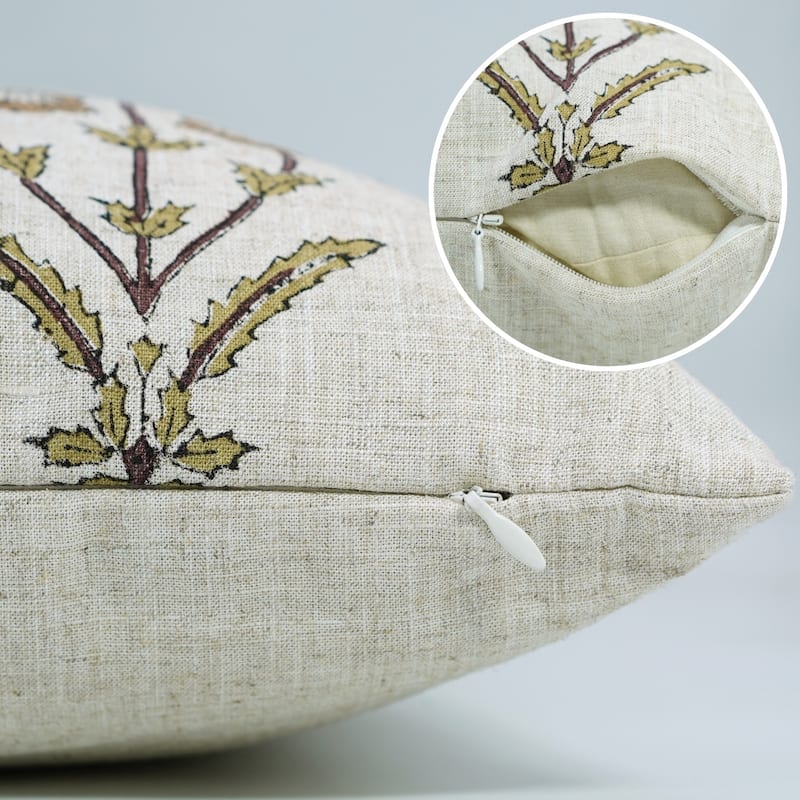 Fabdivine Cushioncase Handmade Block Print Floral 14X14 Pillow Cover Boho Farmhouse Fall Brown Viscose Linen, Amitabh