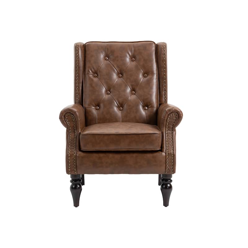 Mid-Century Velvet/Leather Upholstered Tufted Wood Frame Armchair