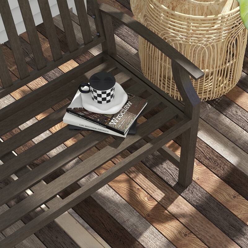 46" Outdoor Metal Garden Bench with Armrests, Tilted Backrest,Wood Look Slatted