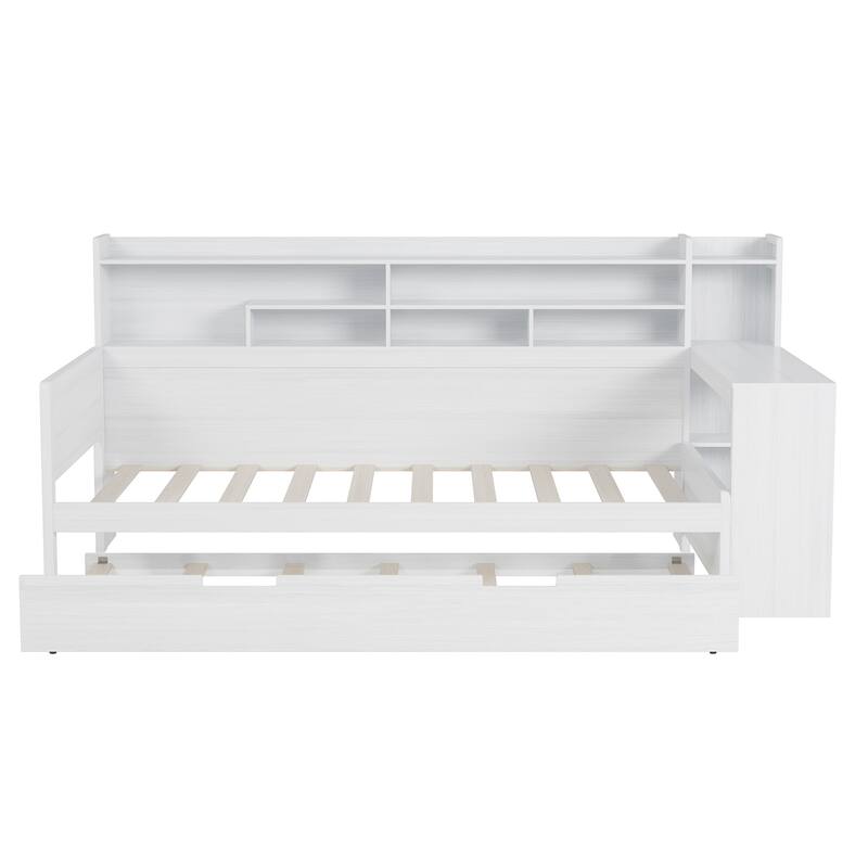 Wooden Twin Size Daybed with Storage Shelves, Multi-functional Bed with Twin Size Trundle Bed and Study Desk