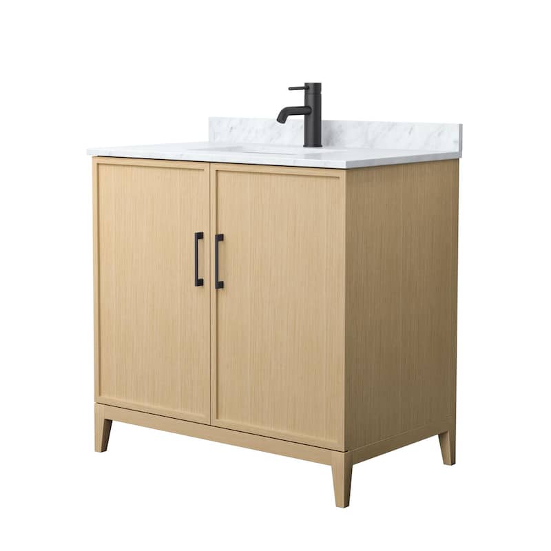 Elan 36-inch Single Vanity, Marble Top - White Oak, Black Trim, White Carrara Marble Top