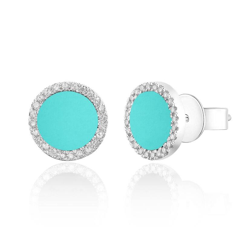 Joelle Collection Diamond & Turquoise Circle Disc Studs Earrings 14K Gold 1/10ct TDW - White - White