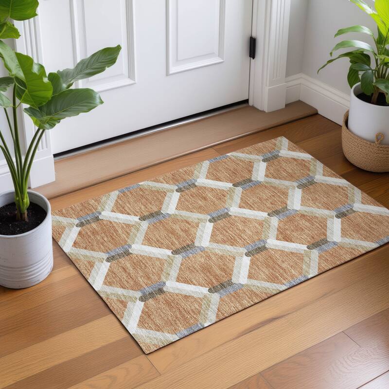 Machine Washable Indoor/ Outdoor Modern Trellis Chantille Rug