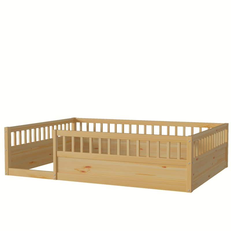 Kids Floor Bed Frame Toddler Montessori Low-Profile Floor Bed with Solid Wood Baffle Fence, No Slats No Door for Children's Room