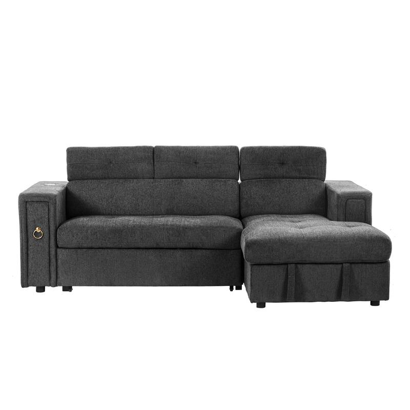 96" L-Shaped 3 Seater Sectional Sofa with Pull-Out Bed, Adjustable Headrest, Wireless Charging, Storage, and Cup Holders