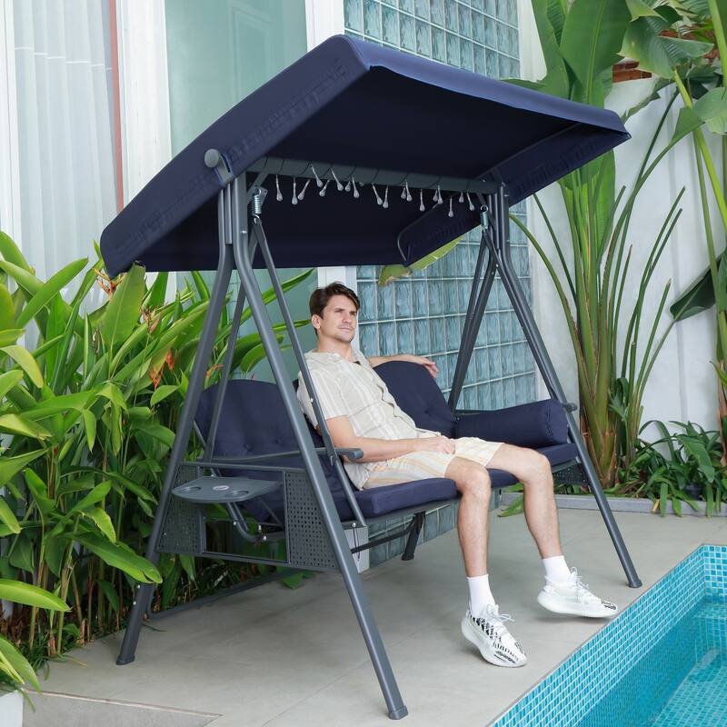 PURPLE LEAF 3-seat Outdoor Porch Swing All-Weather Steel Frame for Backyard Front Porch Lawn, Cushions and Pillow Included