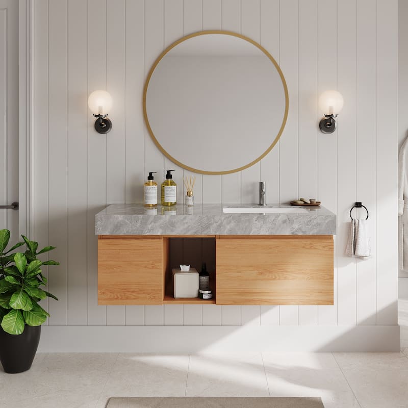 48" Mid Century Single Bathroom faux marble Vanity with Top, Solid Wood, Floating Vanities for Bathroom - 47.6" x 19.6" - Gray &Light Wood