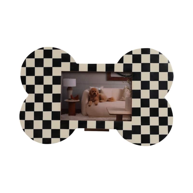 Resin Wood Glass Photo Frame Dog Bone Shape Checkerboard - 9" Ivory