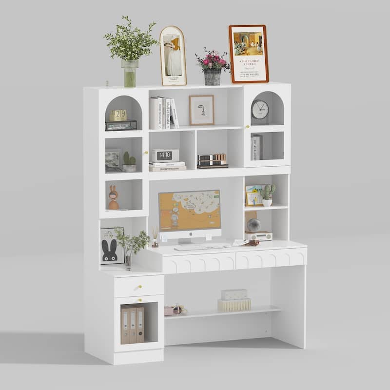 Multi-Tier Bookcase Built-In Desk - Space-Saving Design Home or Office